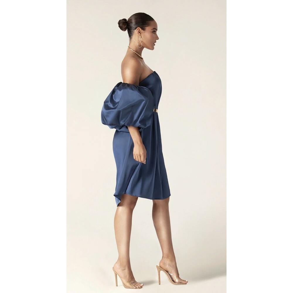 Alieva Puff Sleeve Satin Midi Dress Navy Blue Size Small NWT Party Dress - Picture 3 of 11